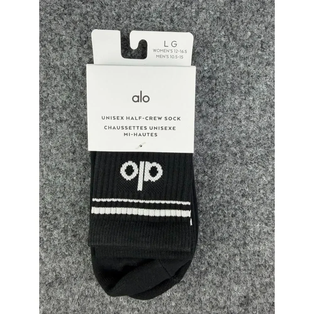 NWT Alo Yoga Unisex Half-Crew Socks– Black/White– Size L / W 12-16.5 / M 10.5-15
